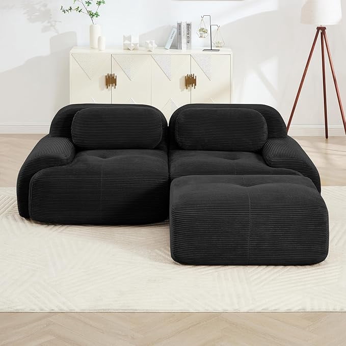 Howcool 80" Modern Corduroy Boneless Love Seat Couches with 1 Ottoman,2 Seater Large Sectional Couches for Living Room,Cloud Modular Sectional Sofa,Memory Foam, Extra Deep Loveseat,No Assembly,Black
