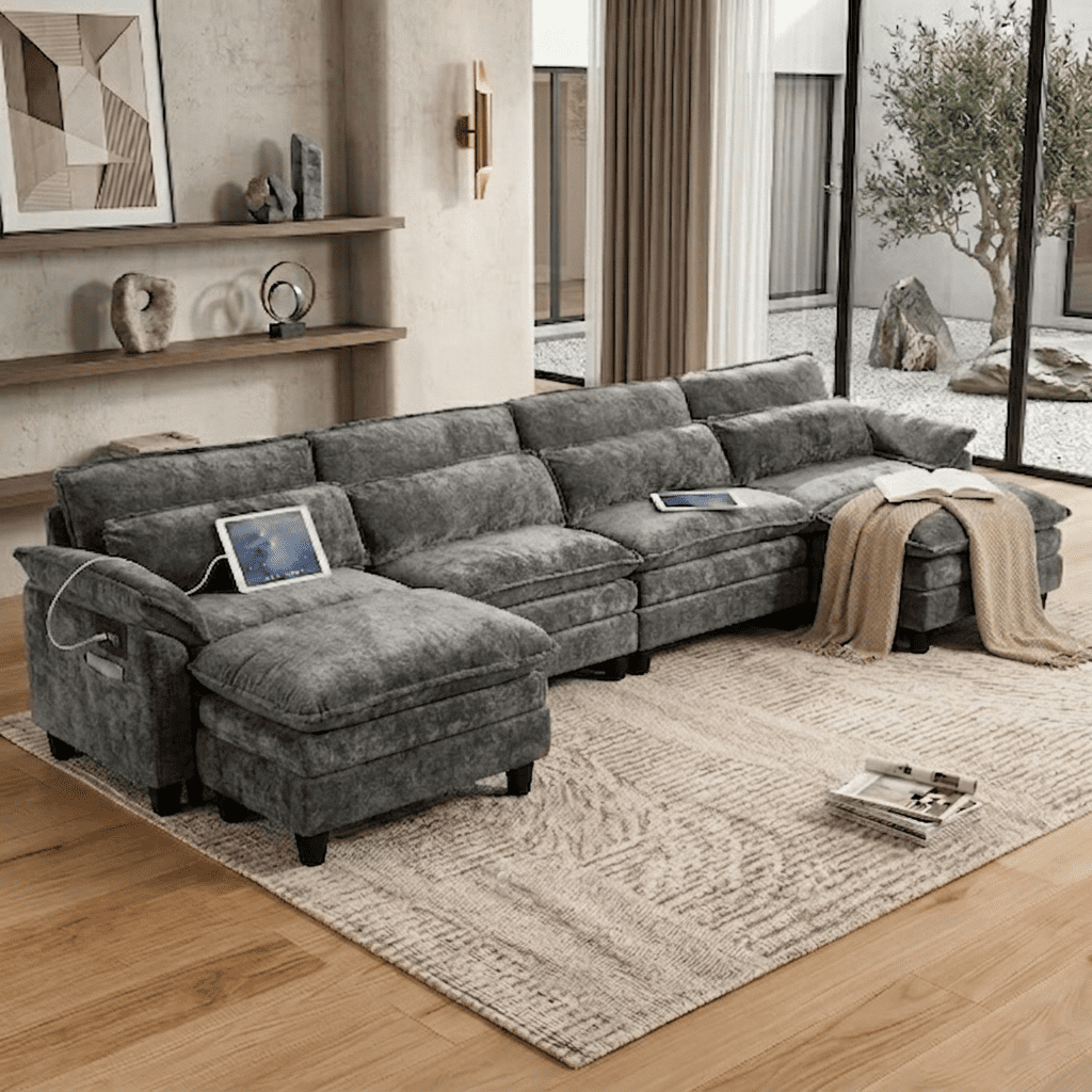 Howcool Cloud Couch Modular Sectional Sofa 4 Seat 148" U Shaped Convertible Couch Chenille Thick Cushion with Ottoman, Removable & Washable Cover for Living Room, Grey