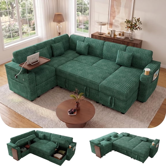 Howcool 100" U-Shaped Modular Sectional Sleeper Sofa, 7-Seat Cloud Couch with Pull-Out Bed, Storage Chaise, USB Ports, Cup Holder & Side Table, Corduroy Sofa Bed for Living Room, Green