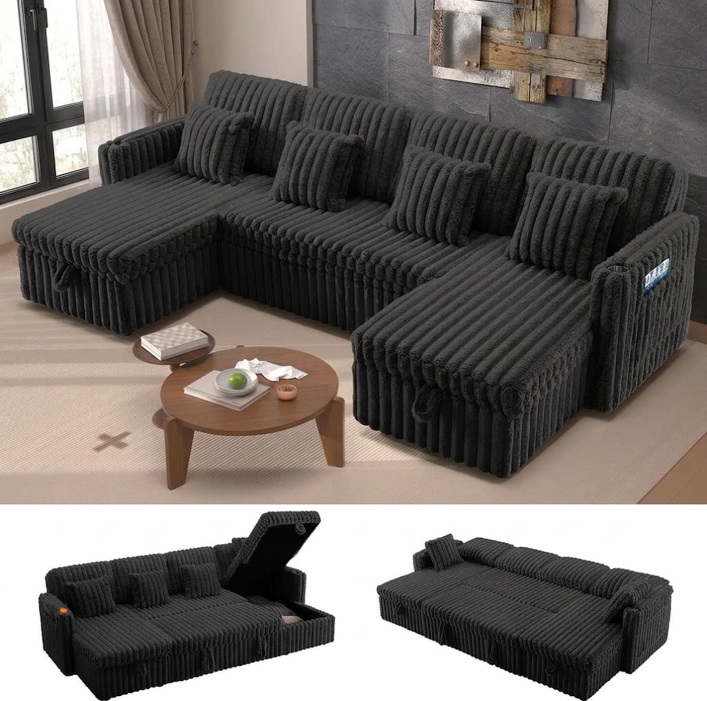 Howcool 107" U Shaped Sectional Sleeper Sofa, Pull Out Couch with Storage Chaise, Adjustable Backrest, USB Charger, Cup Holders & Side Pockets, Corduroy Sofa Bed for Living Room, Black