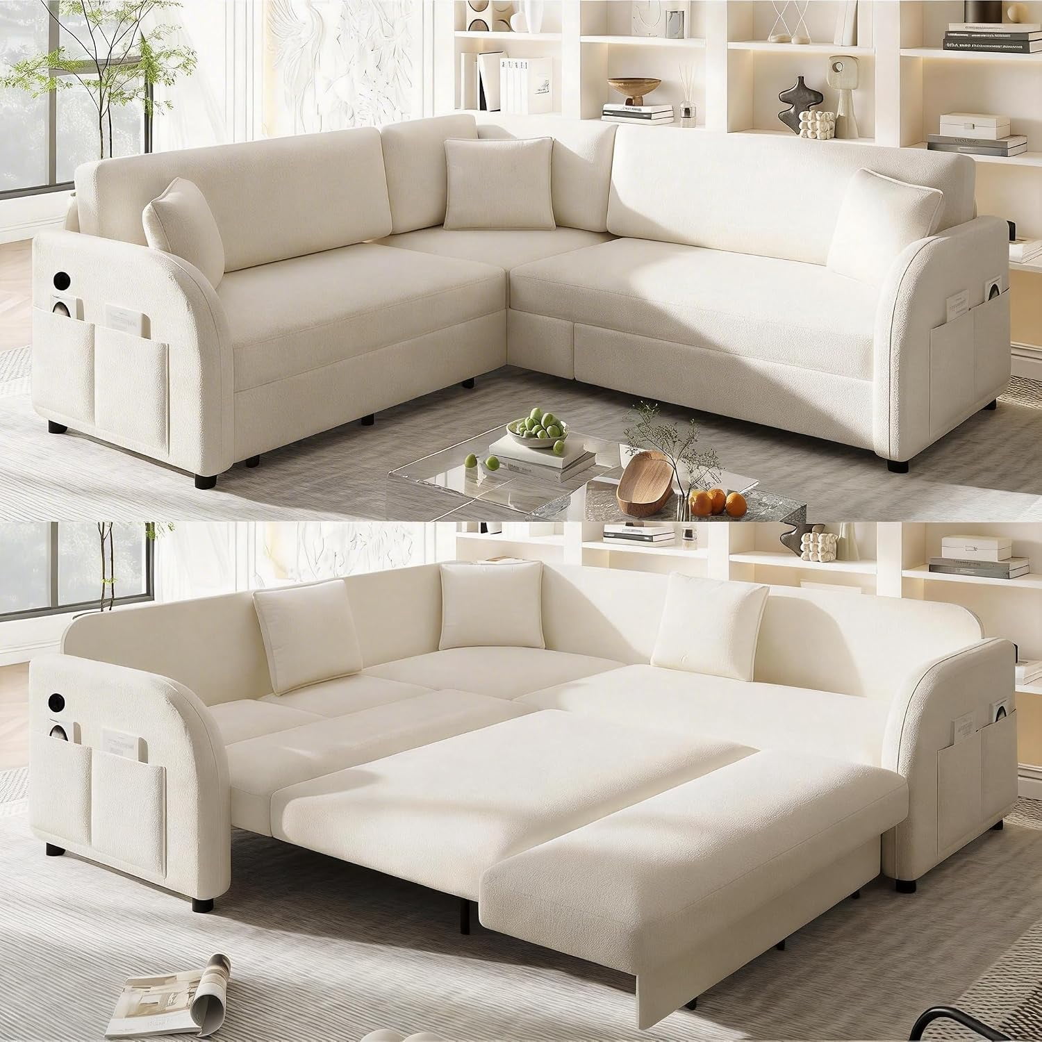Howcool 85.1" L-Shaped Sectional Sleeper Sofa, 5-Seat Pull Out Couch Bed with USB Ports & Side Pockets, Teddy Fabric Convertible Sofa for Living Room, Beige White