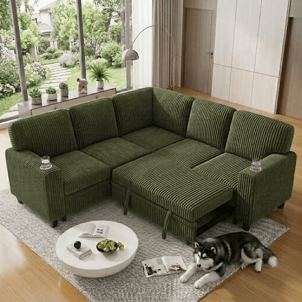 Howcool Modular Sectional Sleeper Sofa, 81" L-Shaped Oversized Cloud Couch with Pull-Out Bed, 5-Seat Corduroy Sofa with Storage Chaise, USB Charging and Cup Holders for Living Room Apartment,Green
