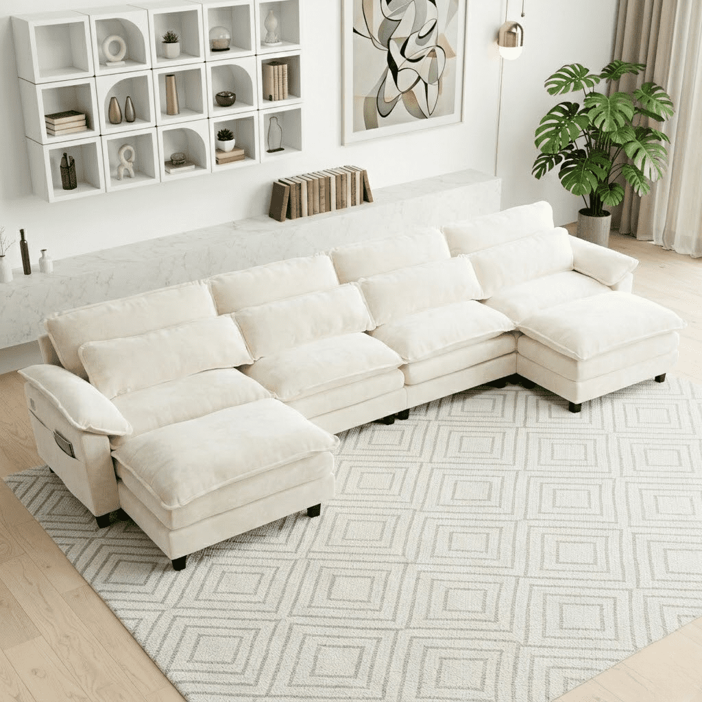 Howcool 148" Modular Sectional Sofa , 4 Seater U-Shaped Cloud Couch with Movable Ottoman, USB Charging Ports & Side Pockets, Sectional couchs for Living Room,Chenille Fabric,Beige(Thick Sponge)