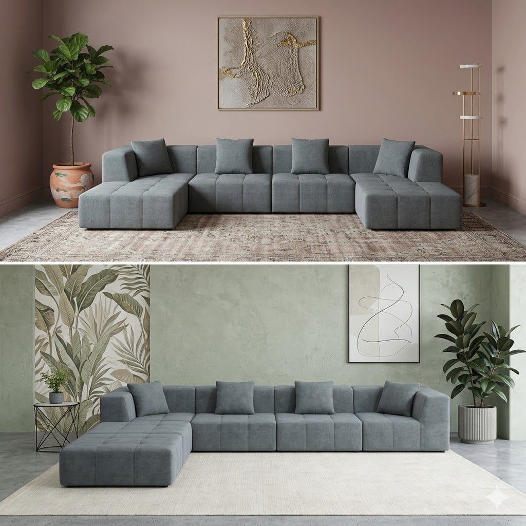 Howcool 157" Boneless Cloud Couch, U-Shaped Modular Compression Sofa Bed, Foldable Floor Sofa with Deep Seat Chaise, Foam Couch No Assembly, 6 Seater, Grey