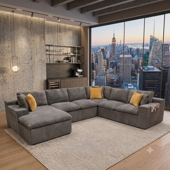 Howcool 135" Oversized Cloud Couch Modular Sectional Sofa, Deep Seat Sectional Couch, 6 Seat Polyester Upholstered Sofa with Toss Pillows & Removable Washable Covers for Living Room, Grey