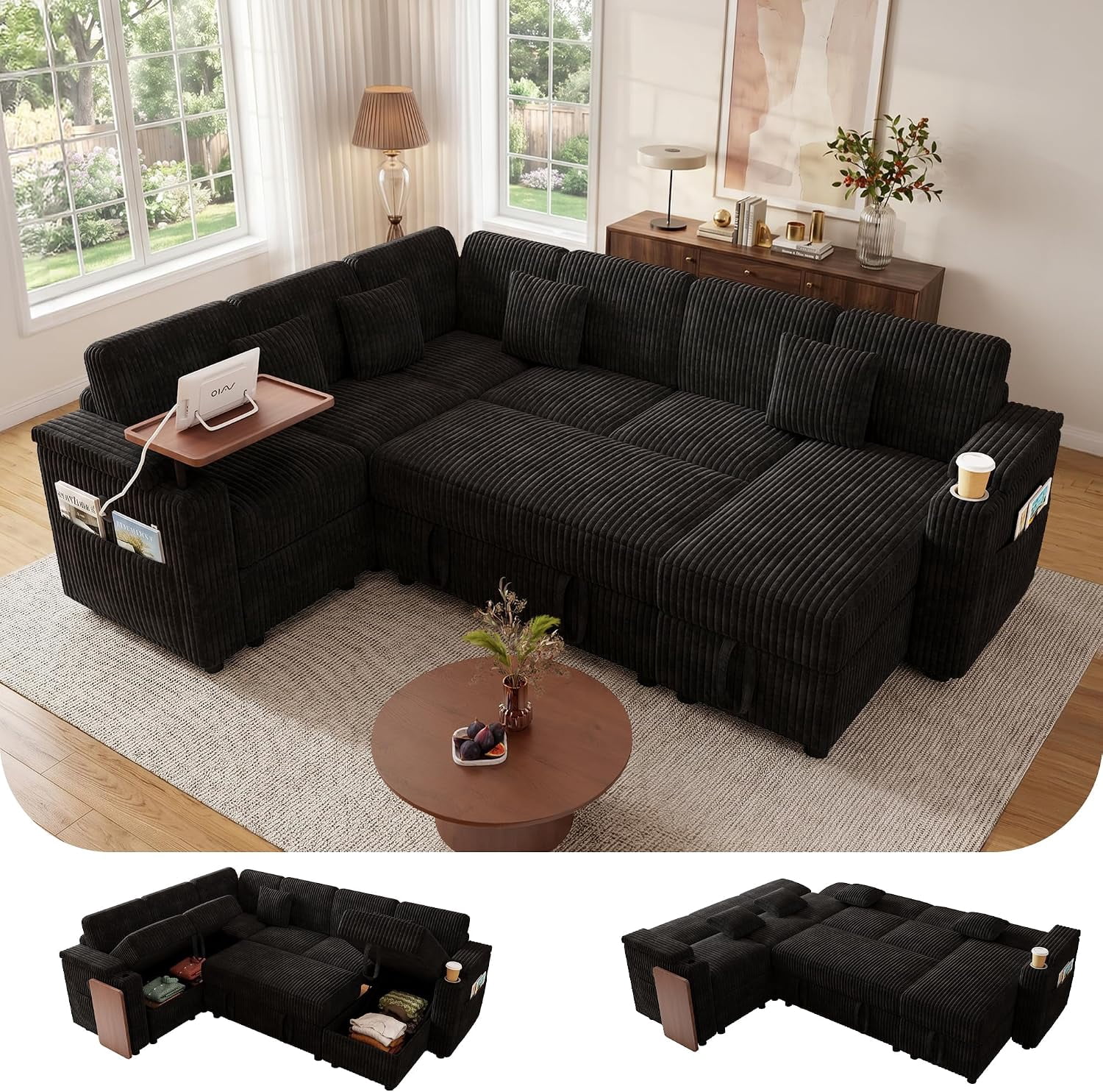 Howcool 100" U-Shaped Modular Sectional Sleeper Sofa, 7-Seat Cloud Couch with Pull-Out Bed, Storage Chaise, USB Ports, Cup Holder & Side Table, Corduroy Sofa Bed for Living Room, Black