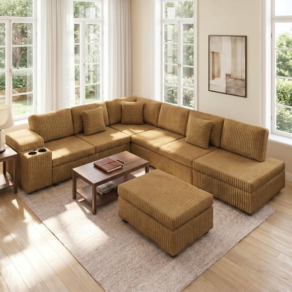 Sectional Sleeper Sofa with Pull Out Bed,110" L-Shaped Modular 6-Seater Cloud Sectional Couch,Convertible Corduroy Sofa for Living Room,Ottoman with USB Charging Ports & Cup Holders,Camel