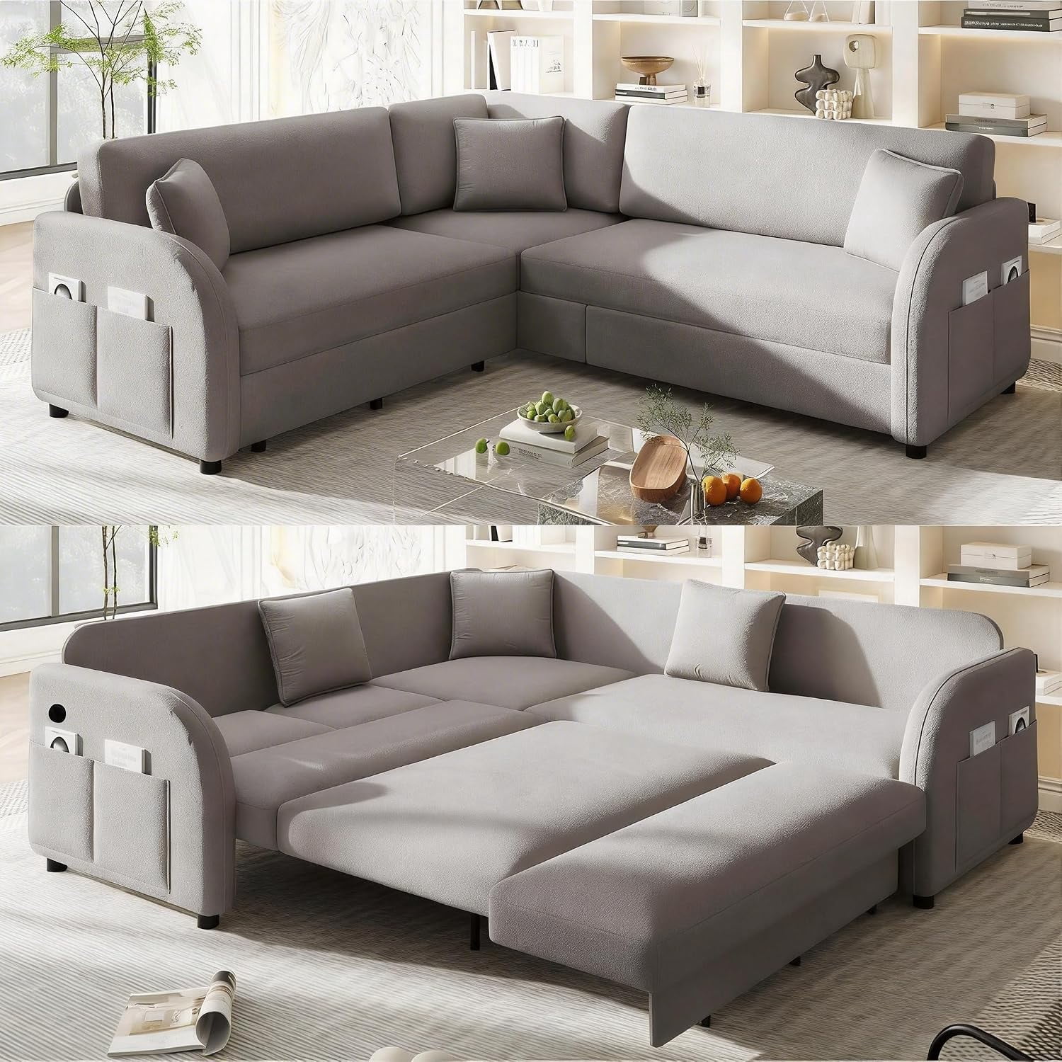 Howcool 85.1" L-Shaped Sectional Sleeper Sofa, 5-Seat Pull Out Couch Bed with USB Ports & Side Pockets, Teddy Fabric Convertible Sofa for Living Room, Light Grey