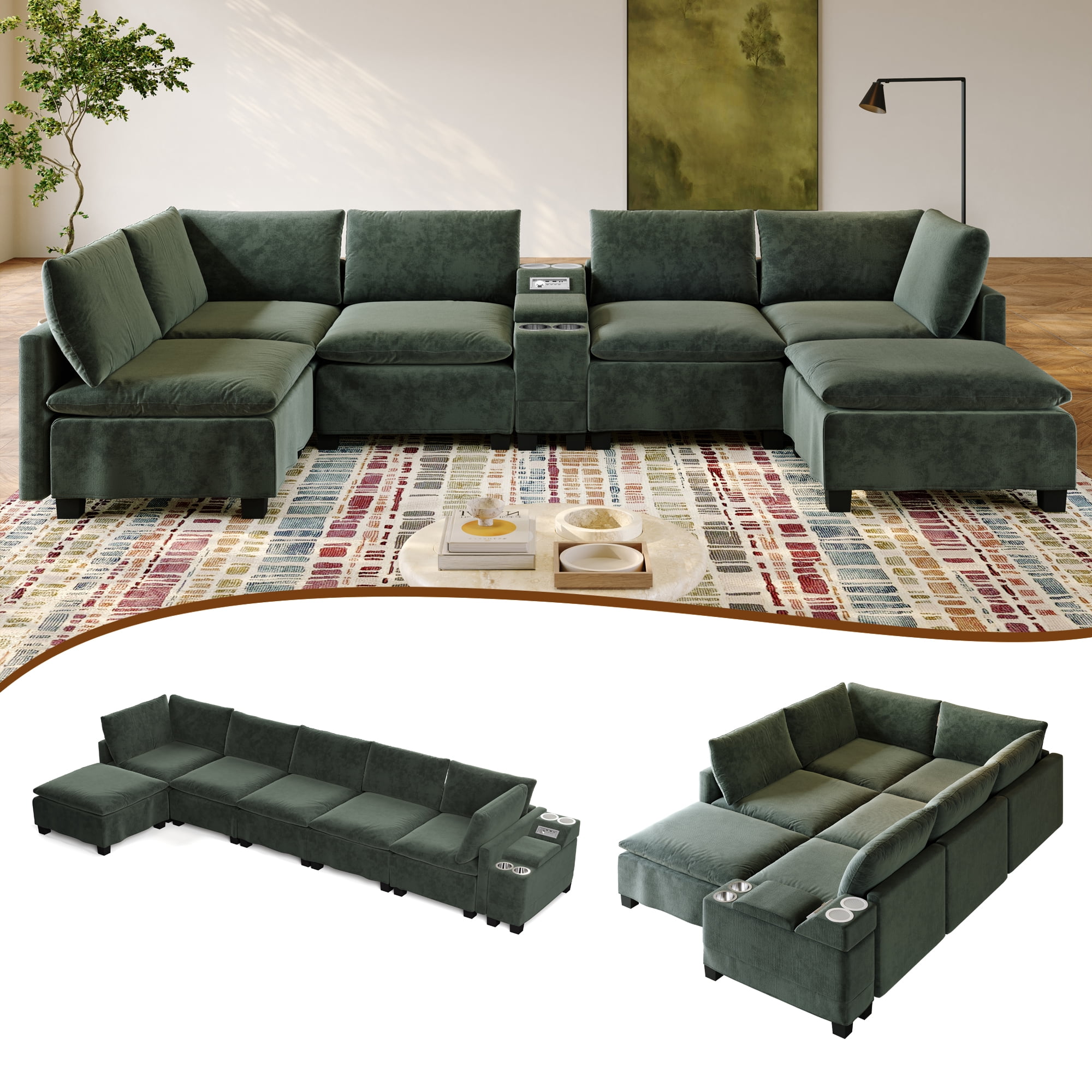 Howcool 121.2" Modular U-Shaped Sectional Sofa, 6-Seat Cloud Couch with Movable Ottoman, Convertible Sofa Bed, Chenille Couch with USB Charging, Cup Holders & Bluetooth Speaker for Living Room, Green
