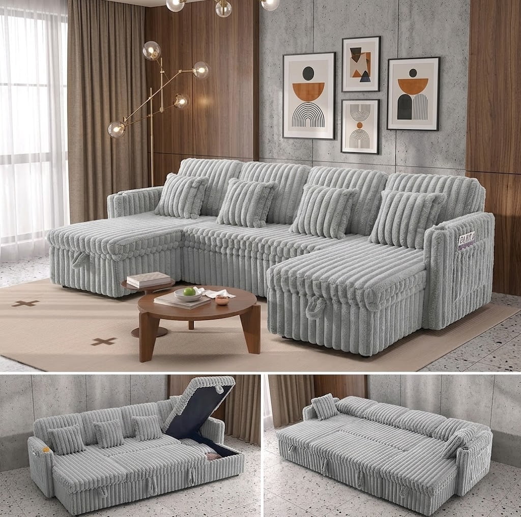 Howcool 107" U Shaped Sectional Sleeper Sofa, Pull Out Couch with Storage Chaise, Adjustable Backrest, USB Charger, Cup Holders & Side Pockets, Corduroy Sofa Bed for Living Room, Light Gray