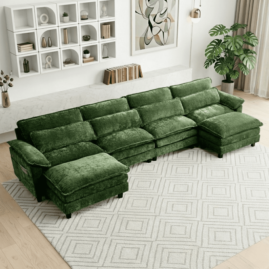 Howcool 148" Modular Sectional Sofa , 4 Seater U-Shaped Cloud Couch with Movable Ottoman, USB Charging Ports & Side Pockets, Sectional couchs for Living Room,Chenille Fabric,Green(Thick Sponge)