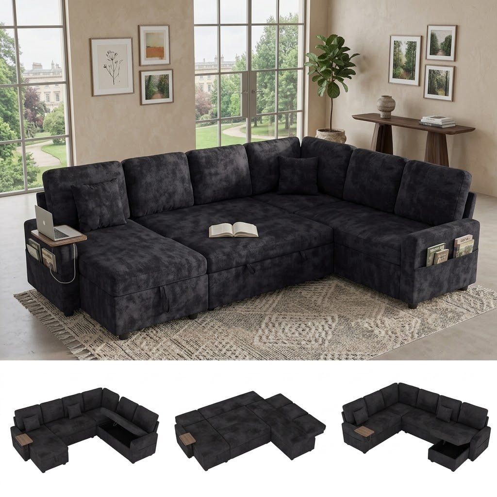EPOWP 108" Sectional Sleeper Sofa, 7-Seater L-Shaped Modular Couch with Pull-Out Sofa Bed, Adjustable Backrest, Side Table & Charging Ports, Chenille Sectional Sofa for Living Room, Black