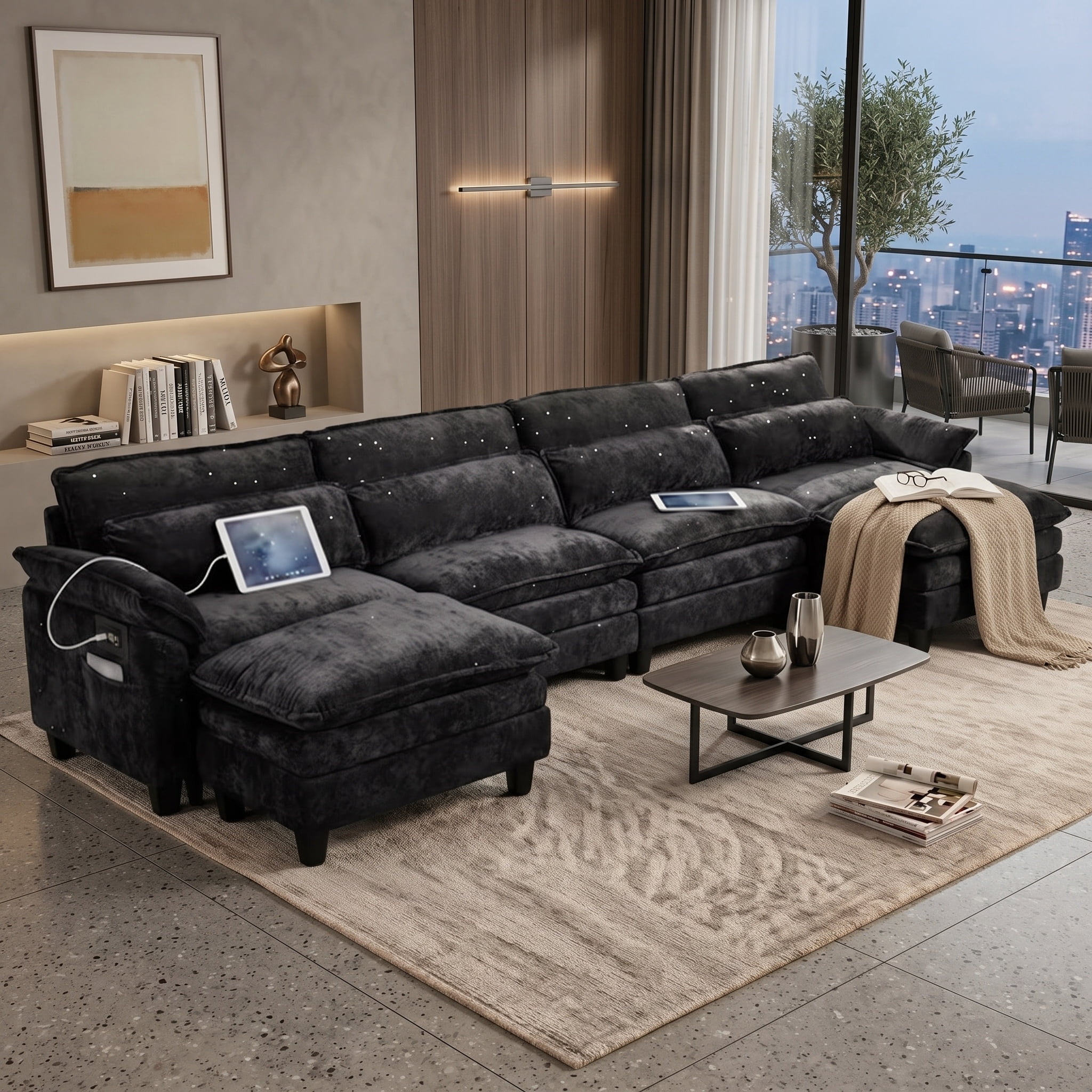 Howcool 148" U Shaped Cloud Couch, 6 Seat Modular Sectional Sofa with 2 Movable Ottomans, Deep Seat Chenille Couch with USB Charging Ports & Side Pockets for Living Room, Black