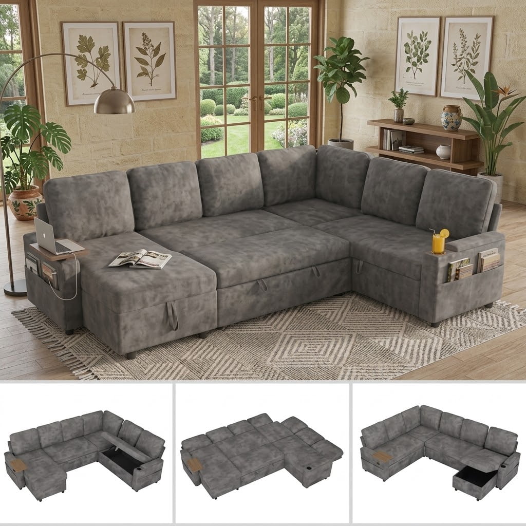 EPOWP 108" Sectional Sleeper Sofa, 7-Seater L-Shaped Modular Couch with Pull-Out Sofa Bed, Adjustable Backrest, Side Table & Charging Ports, Chenille Sectional Sofa for Living Room, Grey