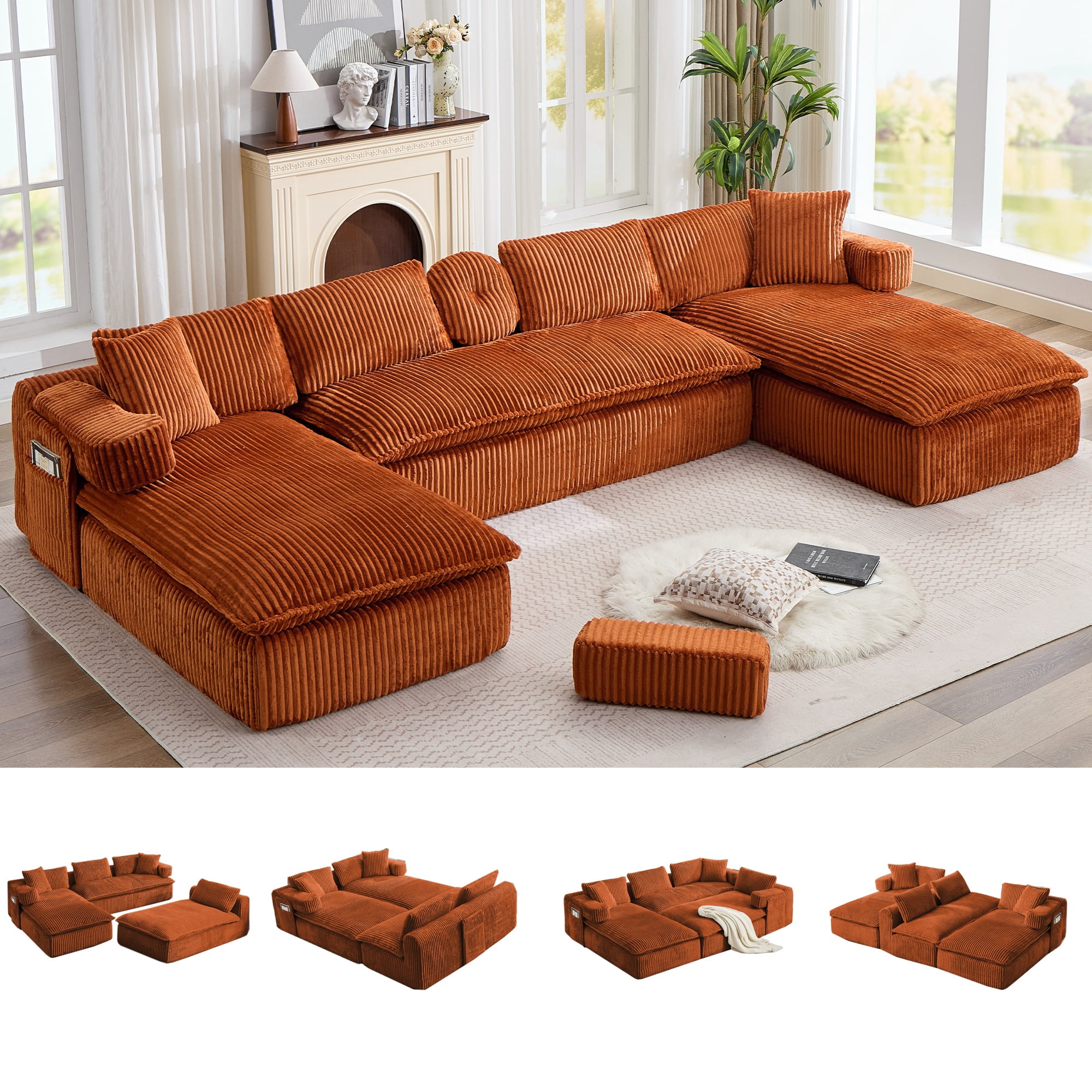 Howcool 149"W Oversized Modular Sectional Sofa,7-in-1 Corduroy U Shaped Sofa Couch with Double Chaise Lounge,Convertible Sleeper Sofa Bed,Deep Seat Cloud Couch for Living Room,Orange