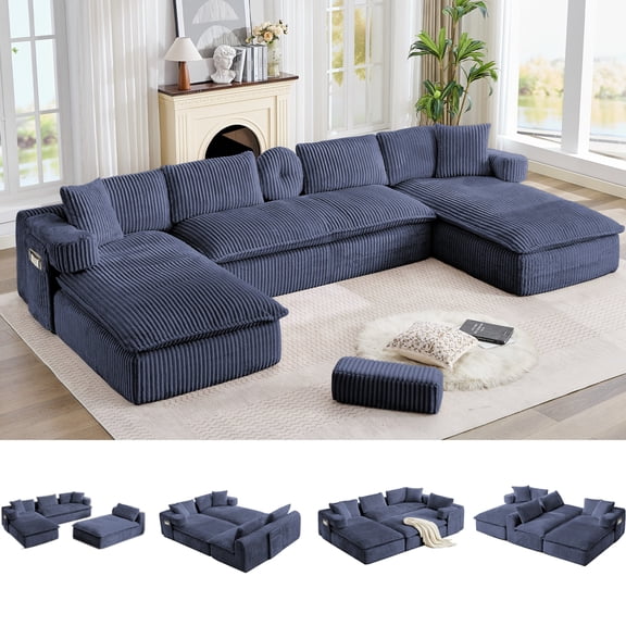 Howcool 149"W Oversized Modular Sectional Sofa,7-in-1 Corduroy U Shaped Sofa Couch with Double Chaise Lounge,Convertible Sleeper Sofa Bed,Deep Seat Cloud Couch for Living Room,Blue