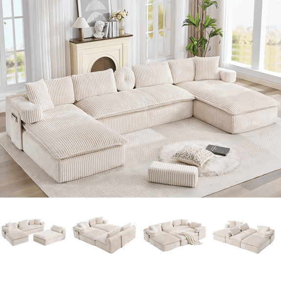Howcool 149"W Oversized Modular Sectional Sofa,7-in-1 Corduroy U Shaped Sofa Couch with Double Chaise Lounge,Convertible Sleeper Sofa Bed,Deep Seat Cloud Couch for Living Room,Beige