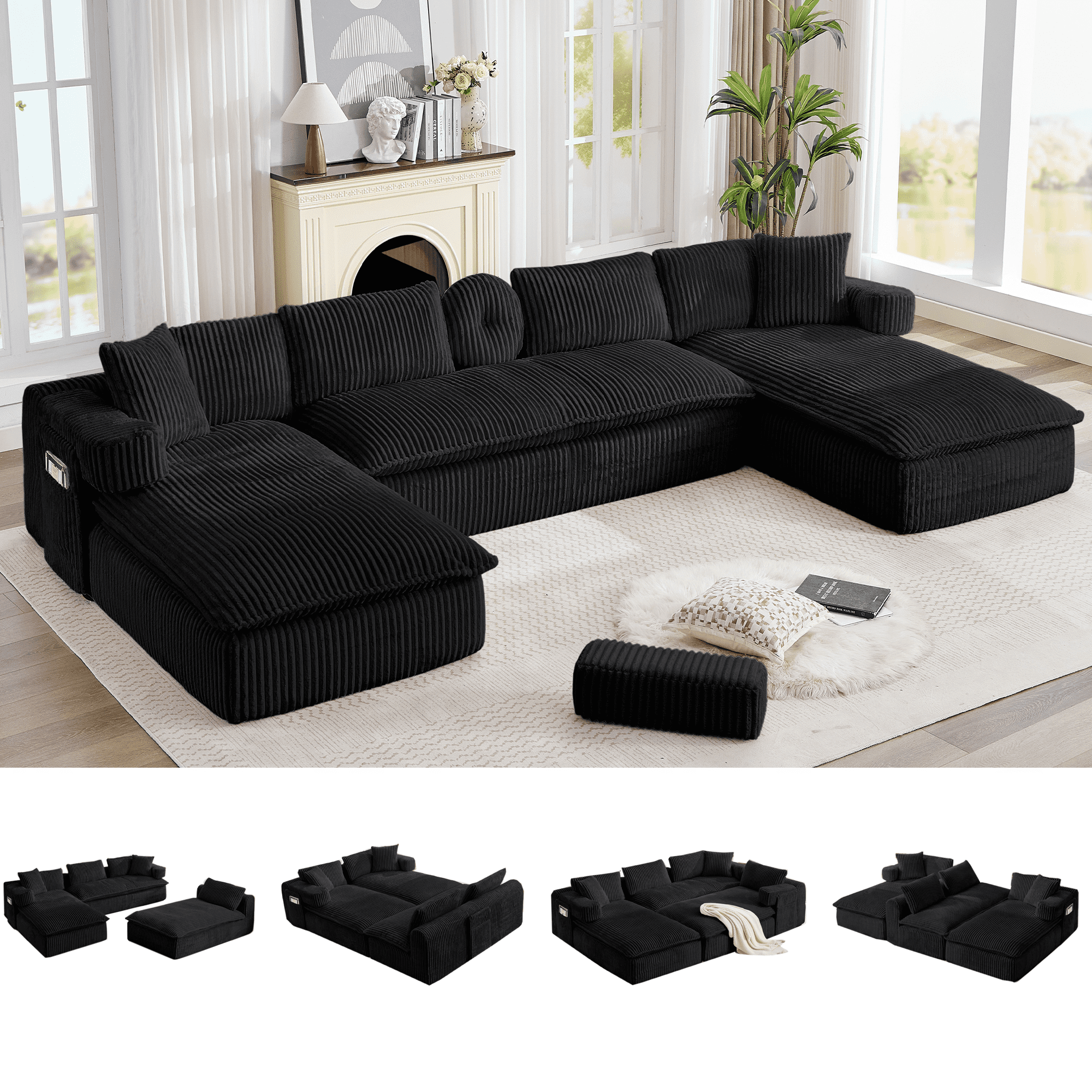 Howcool 149"W Oversized Modular Sectional Sofa,7-in-1 Corduroy U Shaped Sofa Couch with Double Chaise Lounge,Convertible Sleeper Sofa Bed,Deep Seat Cloud Couch for Living Room,Black