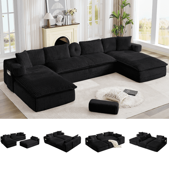 Howcool 149"W Oversized Modular Sectional Sofa,7-in-1 Corduroy U Shaped Sofa Couch with Double Chaise Lounge,Convertible Sleeper Sofa Bed,Deep Seat Cloud Couch for Living Room,Black
