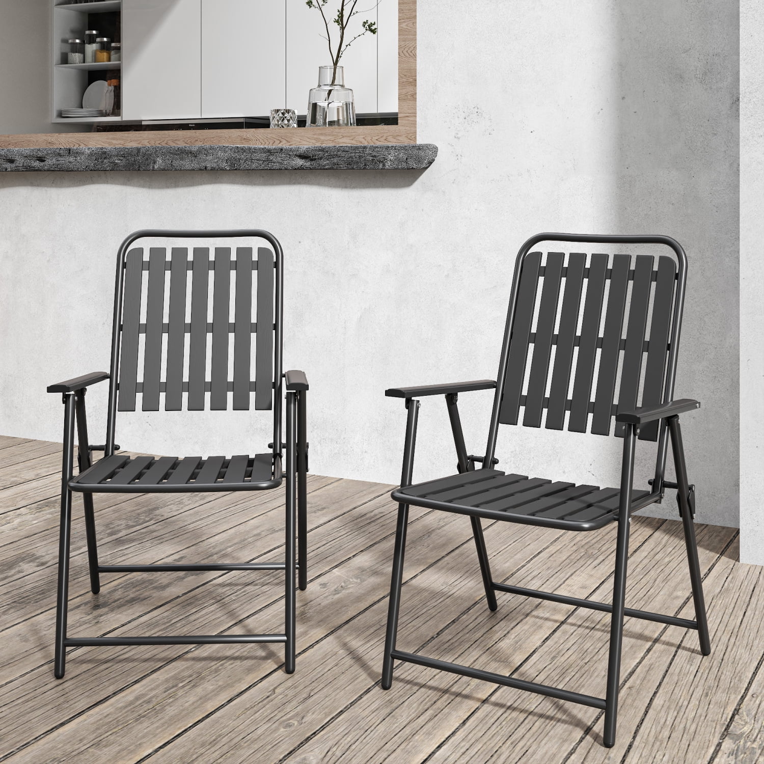 Howcool 2-Piece Outdoor Metal Armchairs, Patio Foldable Chairs Set of 2