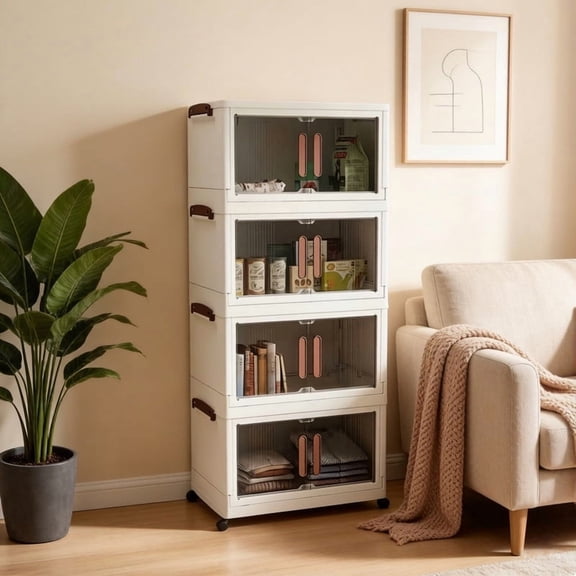Howcool 3/4/5-Tier Stackable Storage Bins with Lid, Foldable Storage Box Cabinet with Wheels & Acrylic Doors