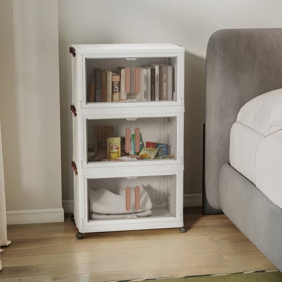 Howcool 3/4/5-Tier Stackable Storage Bins with Lid, Foldable Storage Box Cabinet with Wheels & Acrylic Doors
