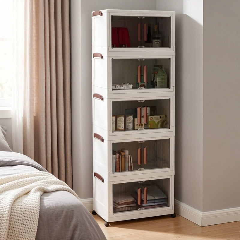 Howcool 3/4/5-Tier Stackable Storage Bins with Lid, Foldable Storage Box Cabinet with Wheels & Acrylic Doors