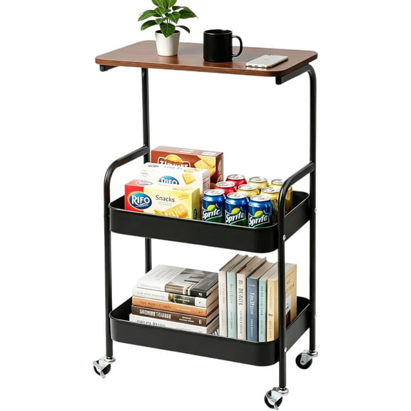 Howcool 3-Layer Metal Rolling Cart with Lockable Wheel, Kitchen Storage Rack with Wooden Desktop