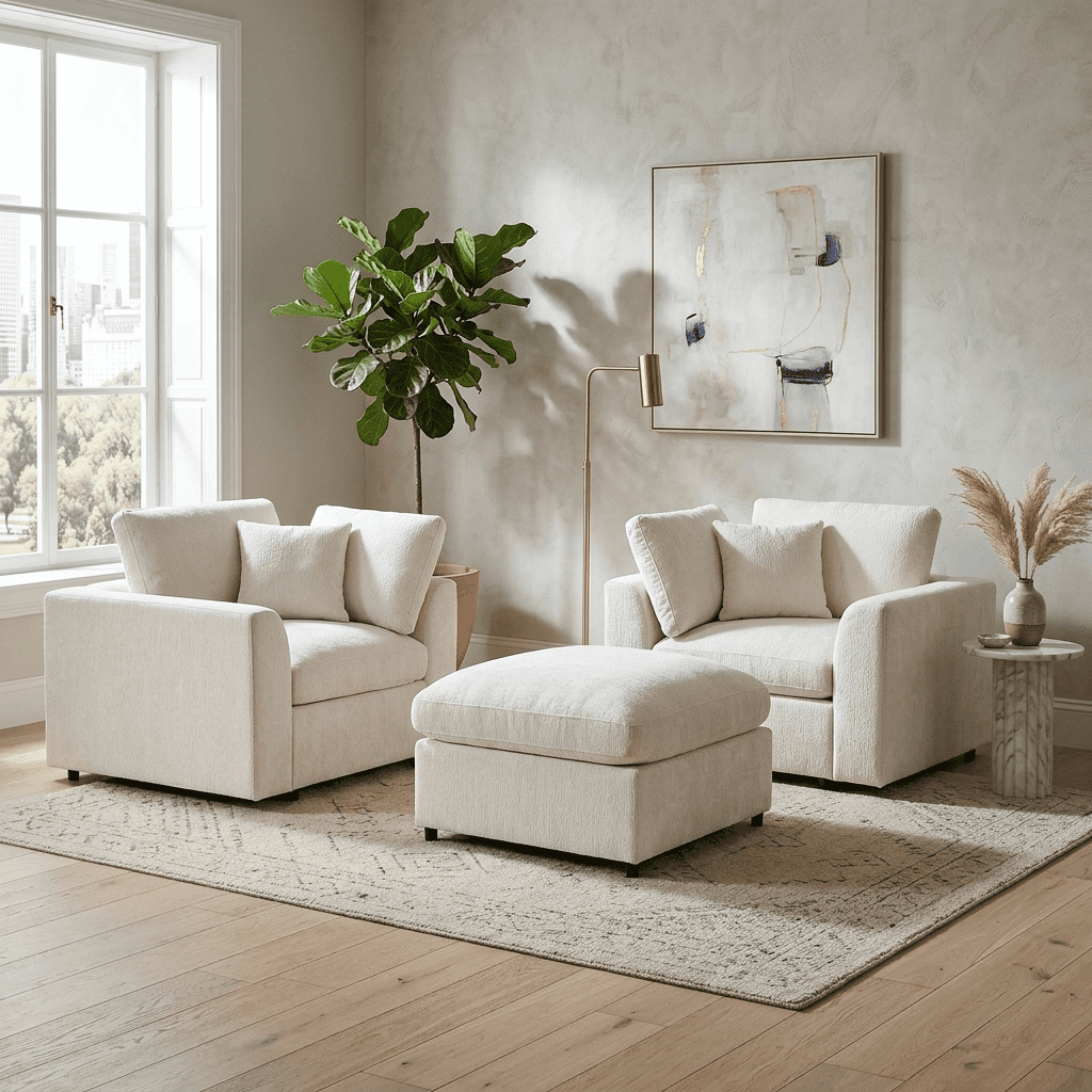 Howcool 3-Piece Modular Accent Chair with Movable Ottoman,Chenille Upholstered Lounge Chairs for Modern Living Room,Beige