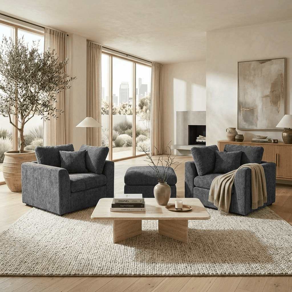 Howcool 3-Piece Modular Accent Chair with Movable Ottoman,Chenille Upholstered Lounge Chairs for Modern Living Room,Gray