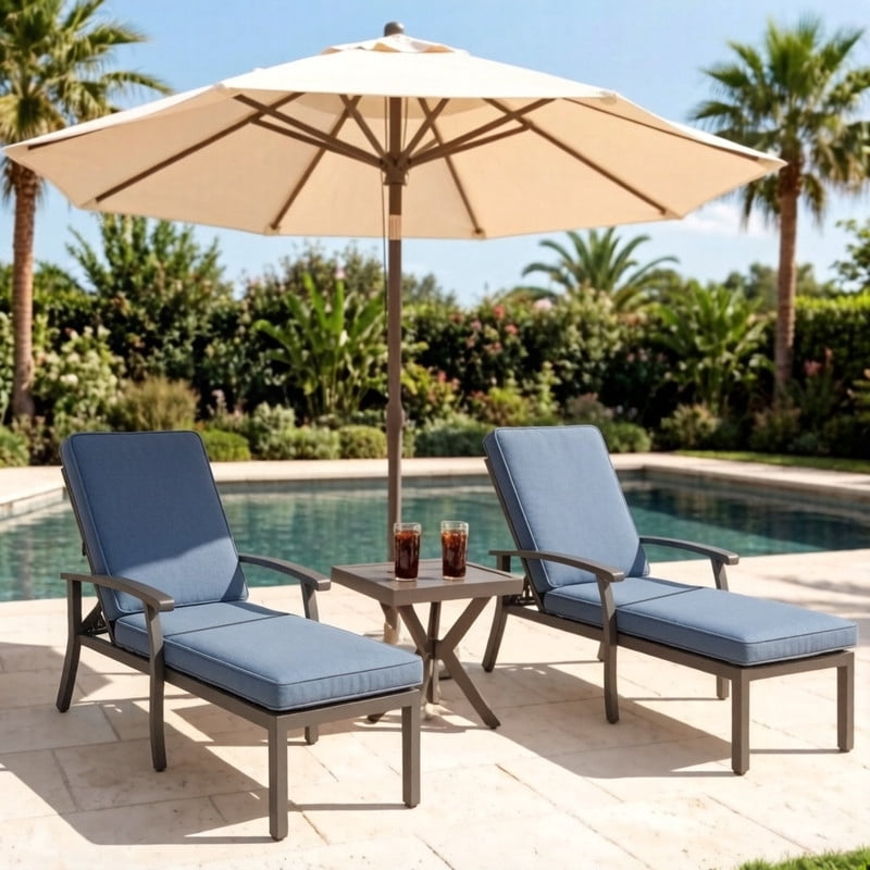 Howcool 3-Piece Outdoor Aluminium Chaise Lounge Set with Side Table, Patio Lounge Chair with Cushion