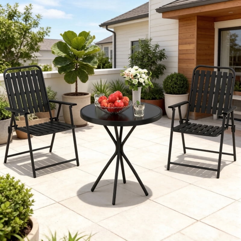 Howcool 3-Piece Outdoor Patio Chat Set, 2 Foldable Metal Chair & 1 Tempered Glass Side Table Bistro Set