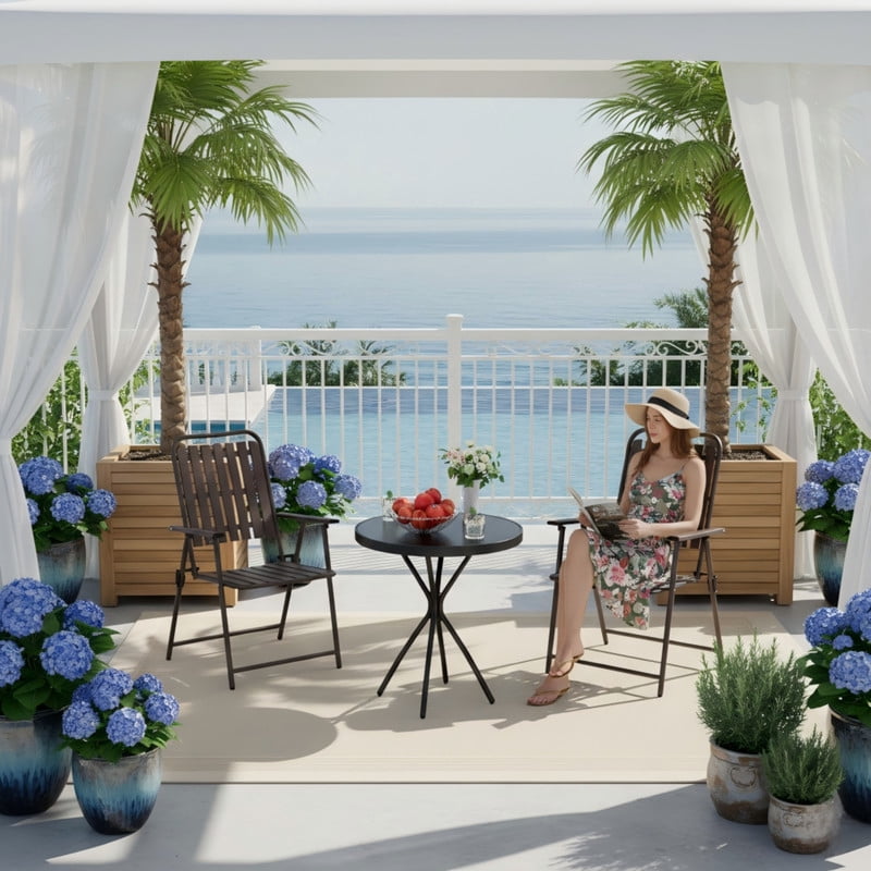 Howcool 3-Piece Outdoor Patio Chat Set, 2 Foldable Metal Chair & 1 Tempered Glass Side Table Bistro Set
