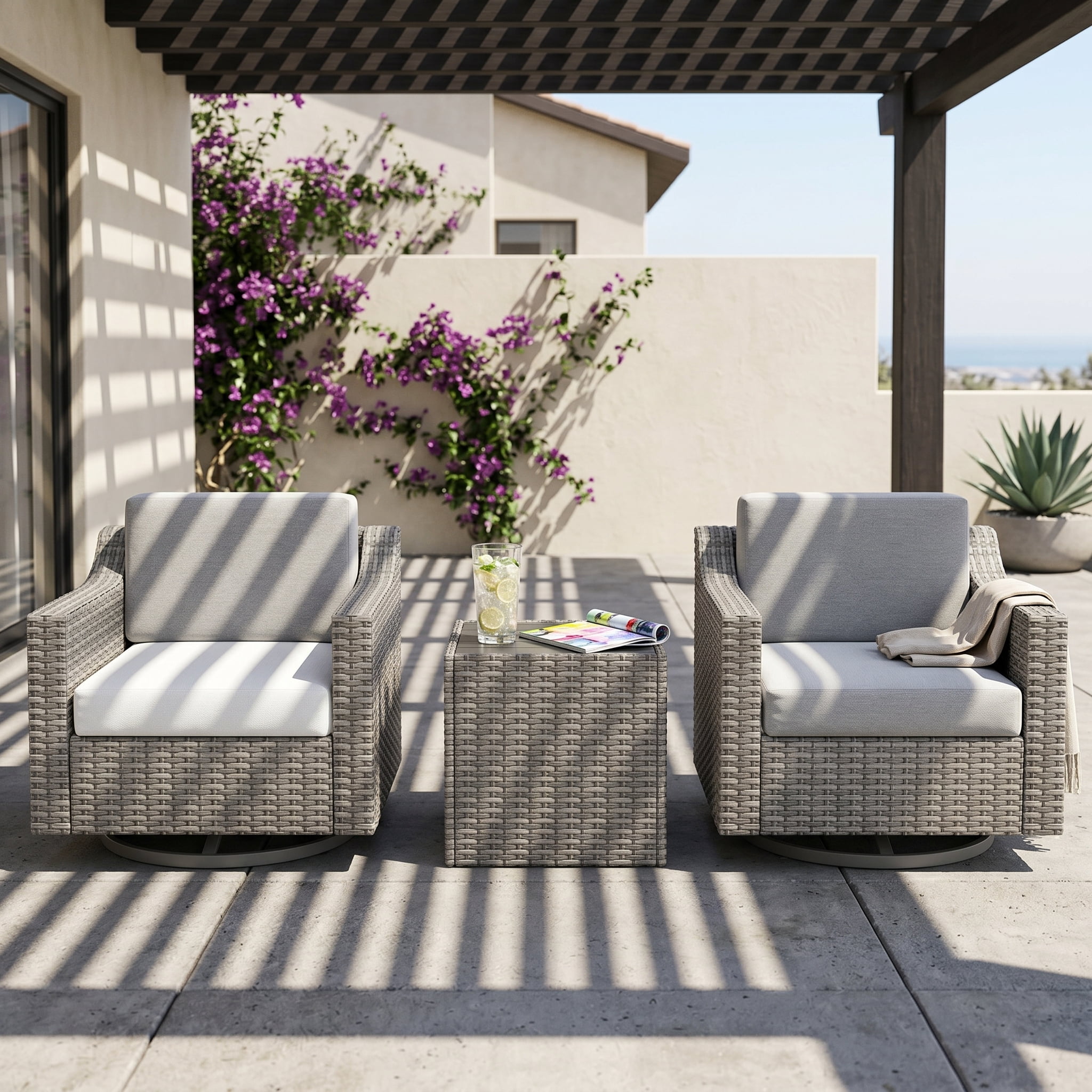Howcool 3-Piece Outdoor Swivel Wicker Bistro Set, 360-Degree Rotation Patio Chairs with Thick Cushions and Square Rattan Side Table