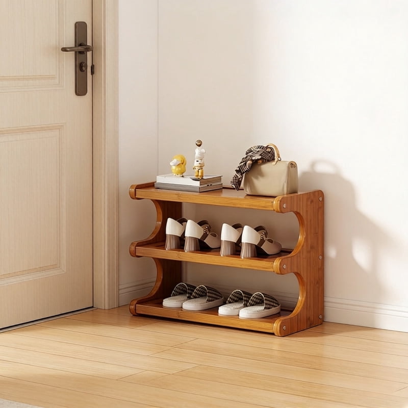 Howcool 3-Tier Bamboo Shoe Rack, Shoes Shoe Organizer, Freestanding Storage Shelf