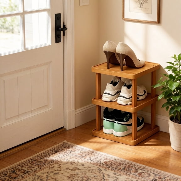 Howcool 3-Tier Stacked Shoe Rack Unit, Bamboo Square Shoes Organizer, Freestanding Storage Shelf