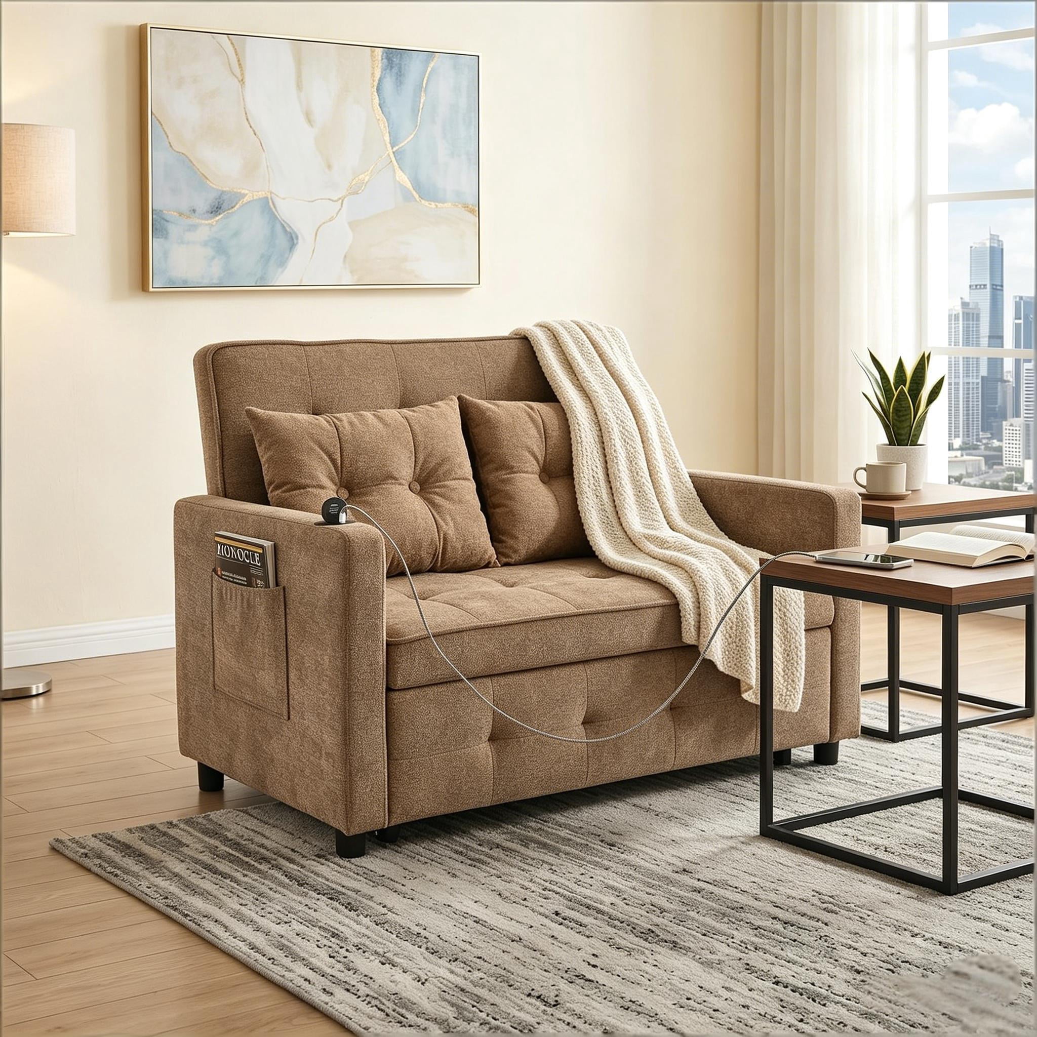 Howcool 3-in-1 Sleeper Chair Convertible Pull Out Bed Adjustable Armchair Sofa Bed with USB & Side Pocket