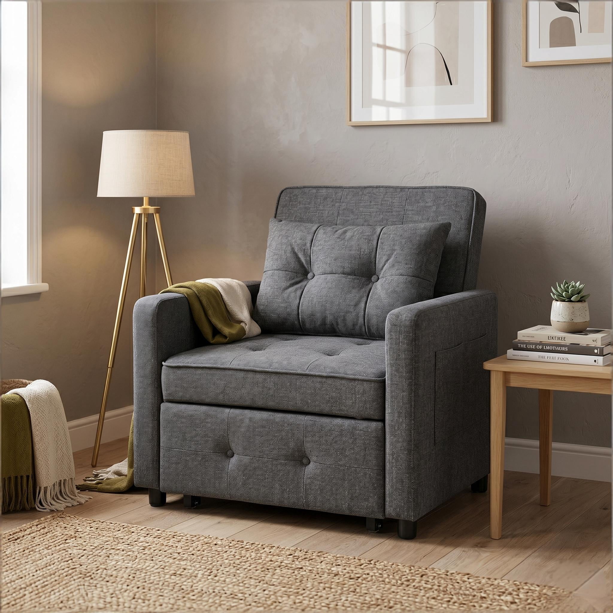 Howcool 3-in-1 Sleeper Chair Convertible Pull Out Bed Adjustable Armchair Sofa Bed with USB & Side Pocket