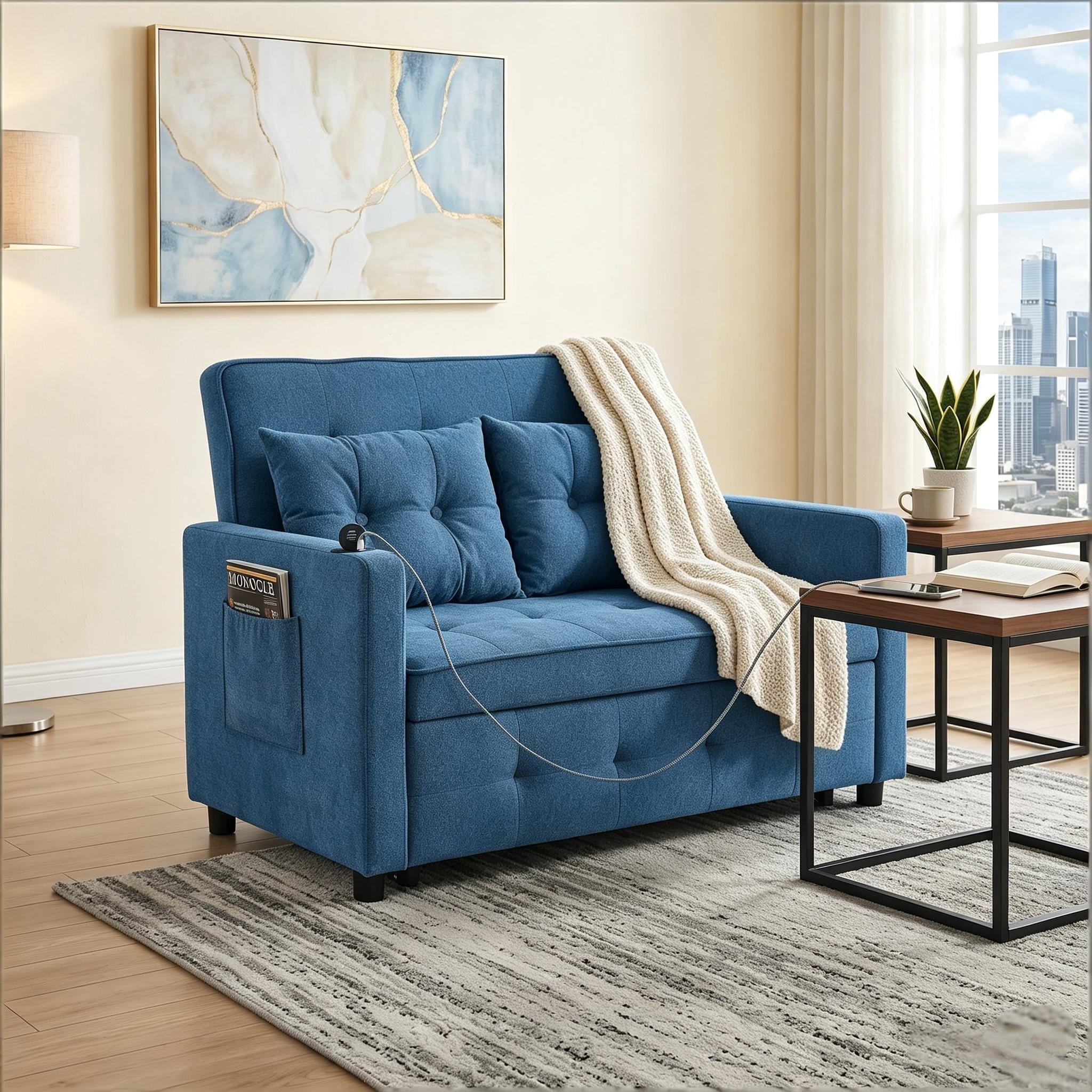 Howcool 3-in-1 Sleeper Chair Convertible Pull Out Bed Adjustable Armchair Sofa Bed with USB & Side Pocket