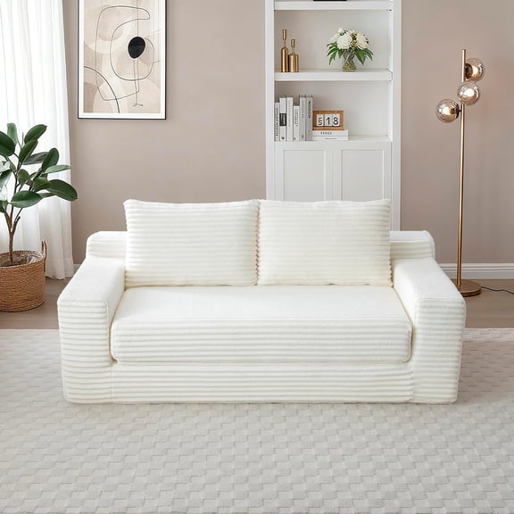 73" 2-in-1 Convertible Sofa Bed, Memory Foam Corduroy Loveseat, No Assembly, Beige