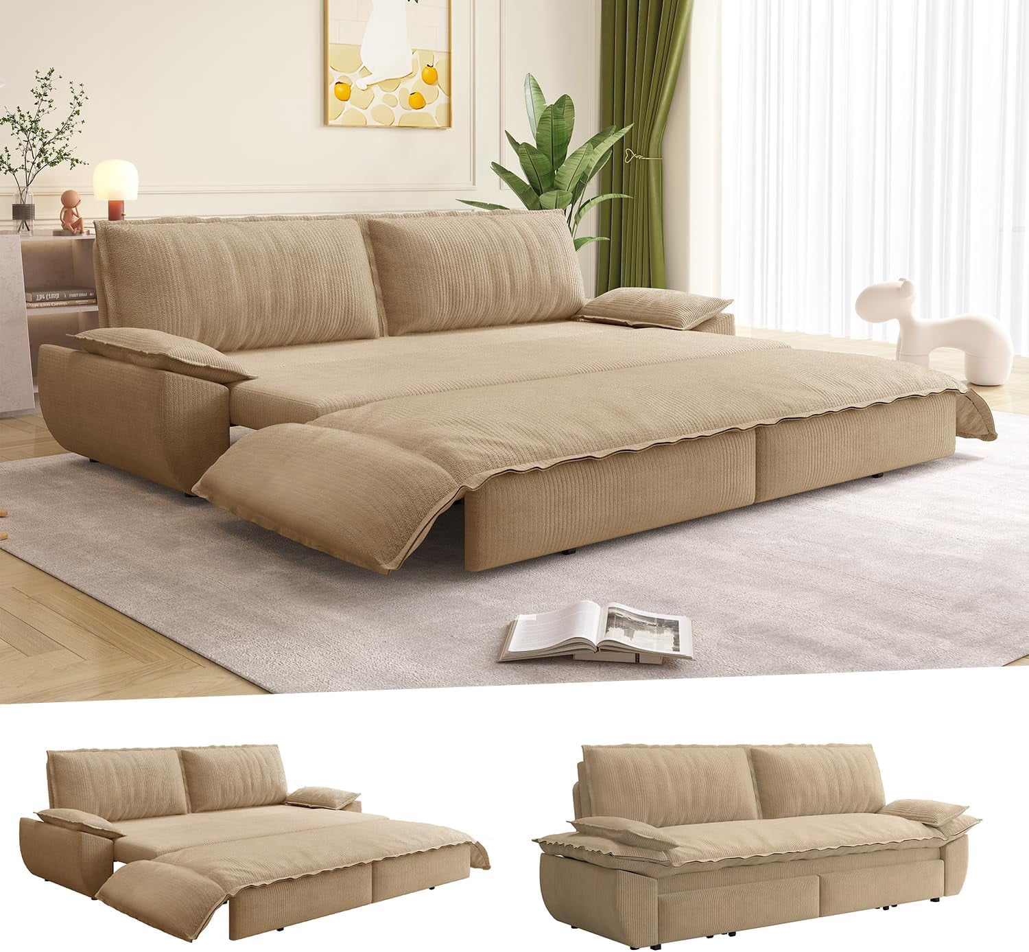 73.2" Queen 3‑In‑1 Convertible Sleeper Sofa Bed, Corduroy Pull Out Multi‑Functional Loveseat, Camel