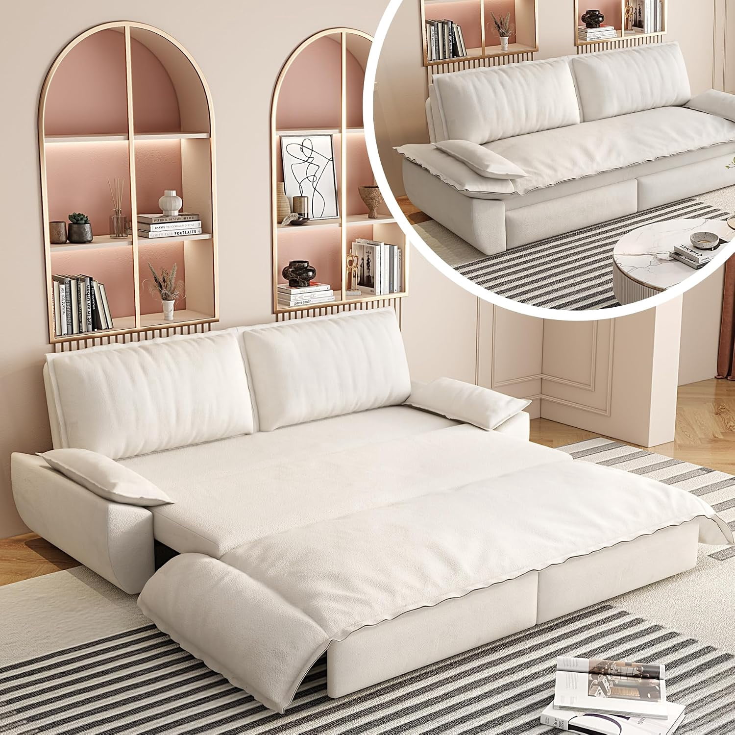 73.2" Queen 3‑In‑1 Convertible Sleeper Sofa Bed, Velvet Pull Out Multi‑Functional Loveseat, Beige+White
