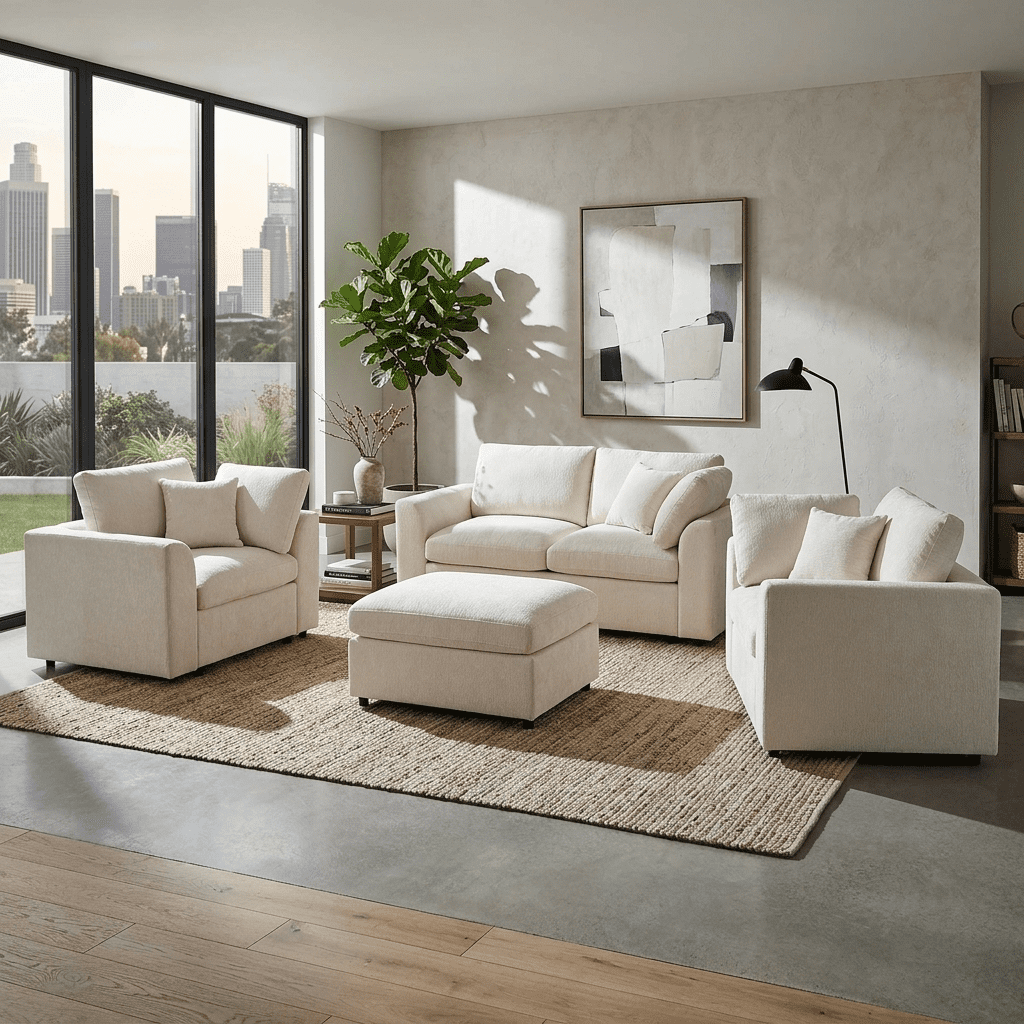 Howcool 4-Piece Modular Sectional Sofa Set,2 Accent Chairs + Loveseat + Movable Ottoman,Chenille Sofa Couch with Solid Wood Frame for Living Room Furniture,Beige