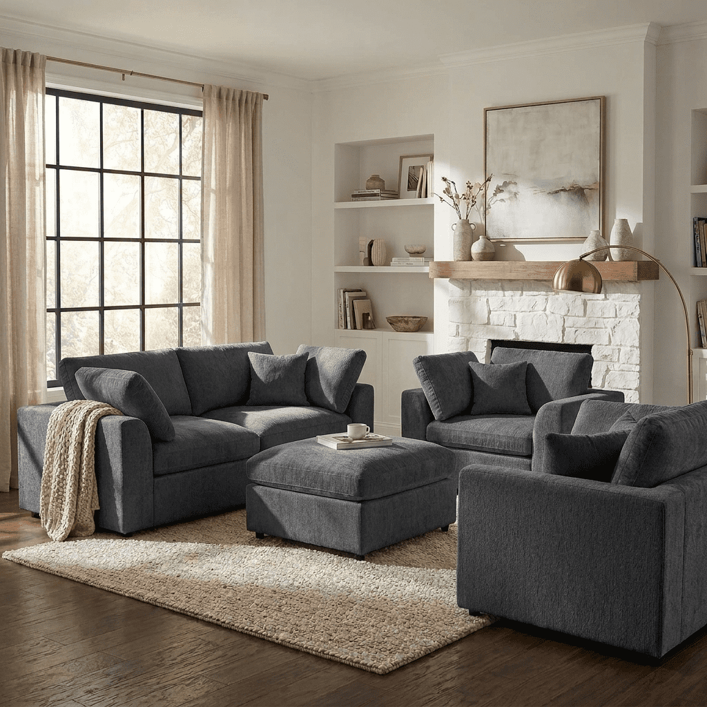 Howcool 4-Piece Modular Sectional Sofa Set,2 Accent Chairs + Loveseat + Movable Ottoman,Chenille Sofa Couch with Solid Wood Frame for Living Room Furniture,Gray