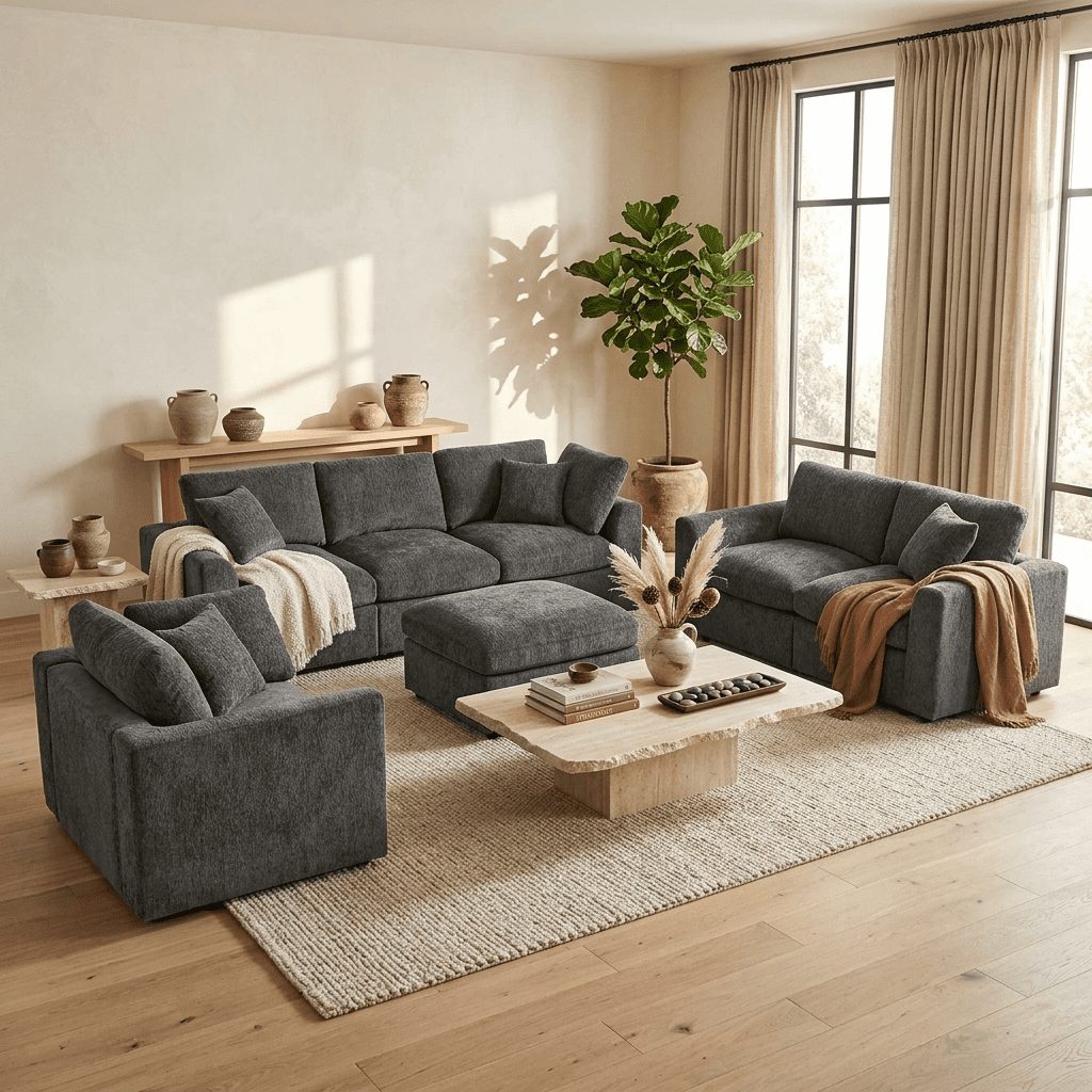 Howcool 4-Piece Modular Sectional Sofa Set,3-Seater Sofa + Loveseat + Accent Chair + Movable Ottoman,Soft Chenille Deep Seat Sofa Couch with Solid Wood Frame for Living Room,Gray