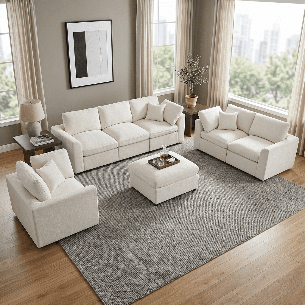 Howcool 4-Piece Modular Sectional Sofa Set,3-Seater Sofa + Loveseat + Accent Chair + Movable Ottoman,Soft Chenille Deep Seat Sofa Couch with Solid Wood Frame for Living Room,Beige