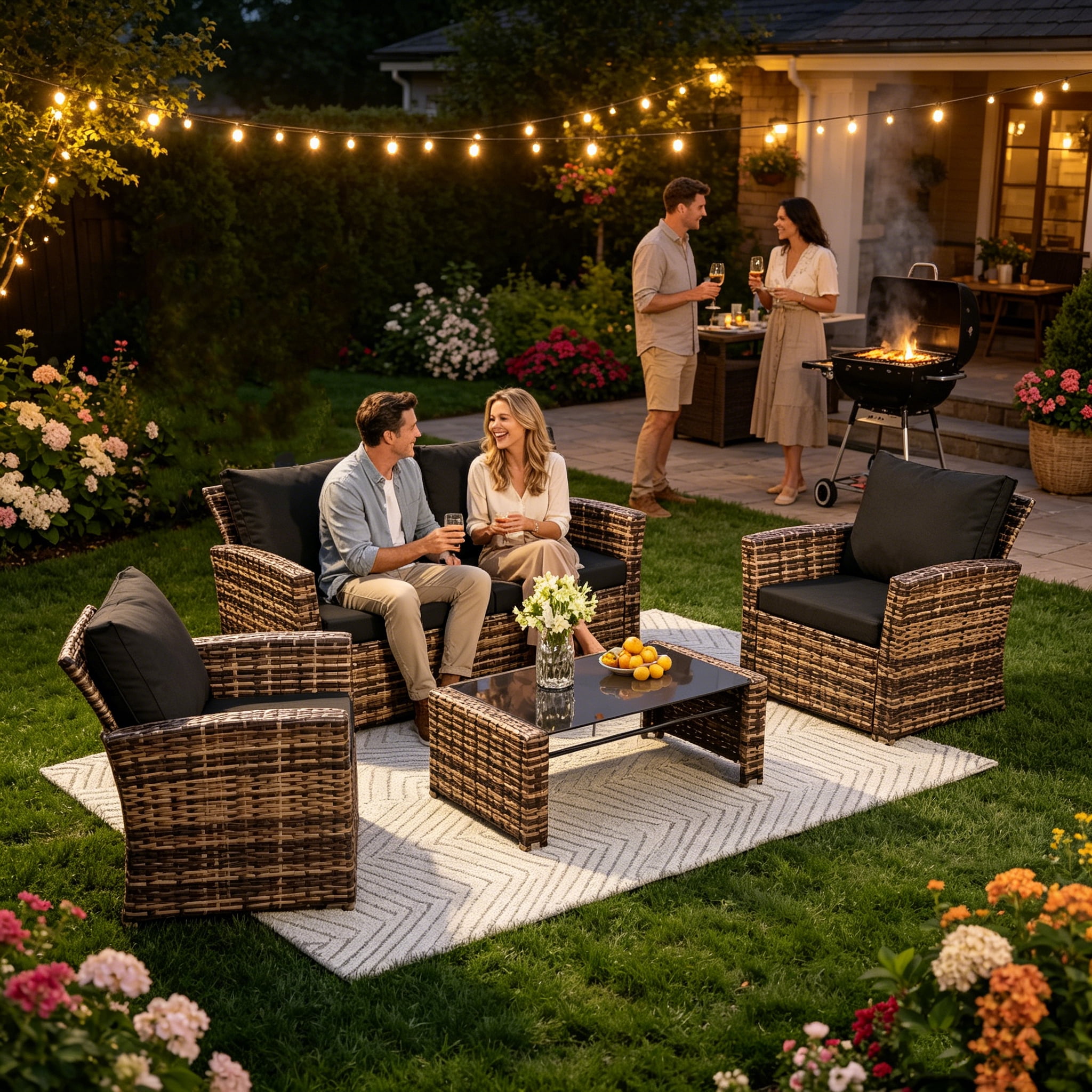 Howcool 4-Piece Patio Furniture Set,Wicker Outdoor Rattan Sectional Sofa with Cushions and Glass Table,All-Weather Outdoor Conversation Set for Garden,Porch,Backyard,Patio,Brown+Black