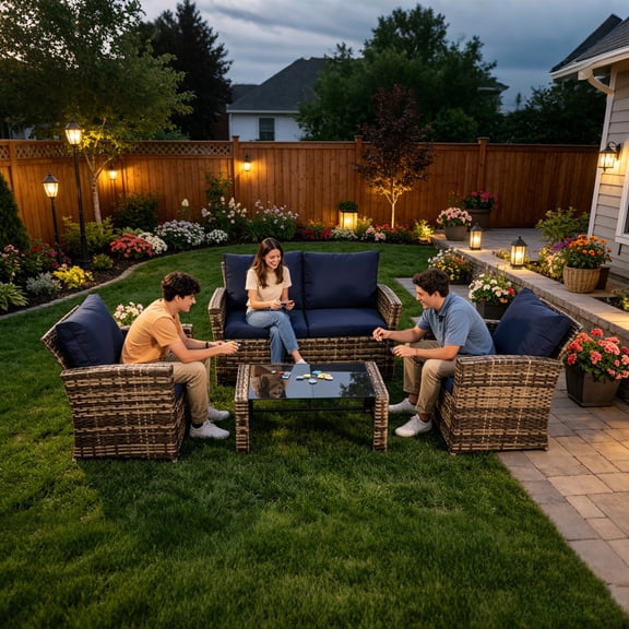 Howcool 4-Piece Patio Furniture Set,Wicker Outdoor Rattan Sectional Sofa with Cushions and Glass Table,All-Weather Outdoor Conversation Set for Garden,Porch,Backyard,Patio,Brown Blue