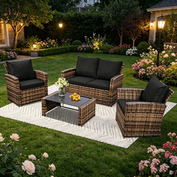 Howcool 4‑Piece Patio Furniture Set,Wicker Outdoor Rattan Sectional Sofa with Cushions, Pillows & Glass Table,All‑Weather Outdoor Conversation Set for Garden, Porch, Backyard, Patio