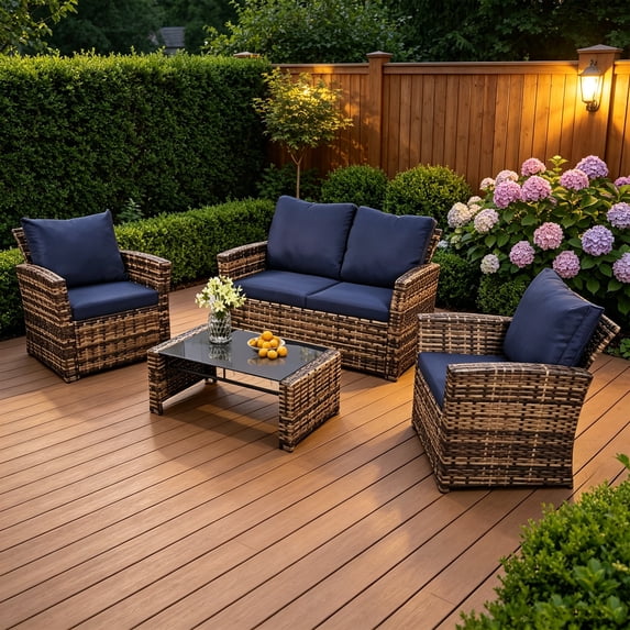 Howcool 4‑Piece Patio Furniture Set,Wicker Outdoor Rattan Sectional Sofa with Cushions, Pillows & Glass Table,All‑Weather Outdoor Conversation Set for Garden, Porch, Backyard, Patio